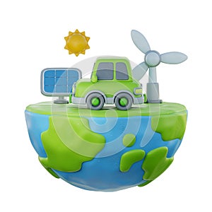 3d World globe with electric car, solar panel and wind turbines, Environmental Alternative Energy, 3d rendering