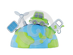 3d World globe with electric car, solar panel and wind turbines, Environmental Alternative Energy, 3d rendering