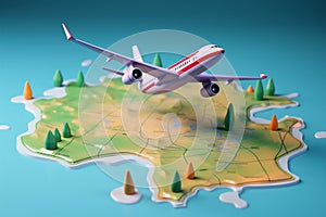 3D world map icon with airplane pin for GPS navigator concept