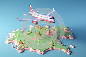 3D world map icon with airplane pin for GPS navigator concept