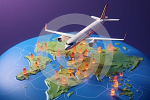 3D world map icon with airplane pin for GPS navigator concept