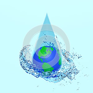 3d world water day concept with earth in water drop, water splash, clear blue water scattered around isolated on blue background.