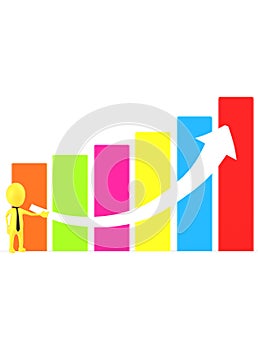 3d yellow character presenting a high statictics graph