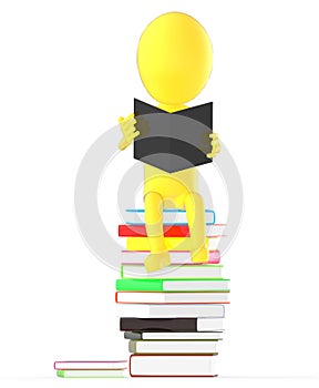 3d yellow character reading book while sitting on the top of pile of books