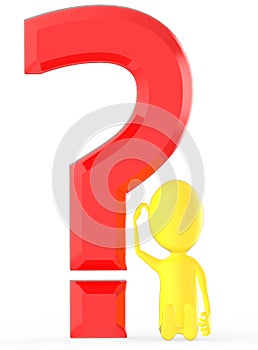 3d yellow character scraching his head while siting near to a large question mark , confused , uncertain & thinking