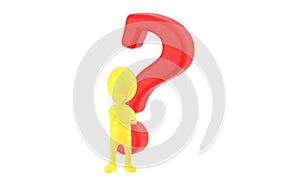 3d yellow character thinking in front of a question mark
