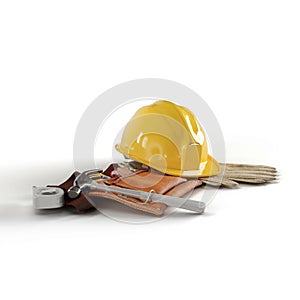 3D of a yellow construction hard hat and tools