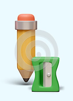 3D yellow pencil, green sharpener. Colored stationery in cartoon style