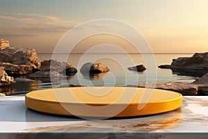 3D yellow podium with copy space for product display presentation on beach with blue sky and white clouds background. Tropical