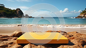 3D yellow podium with copy space for product display presentation on beach with blue sky and white clouds background. Tropical