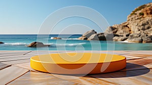 3D yellow podium with copy space for product display presentation on beach with blue sky and white clouds background. Tropical