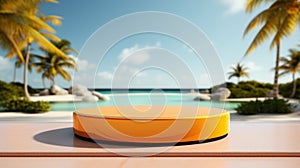 3d yellow podium with copy space for product display presentation on palm beach and blue sky background. Tropical summer and