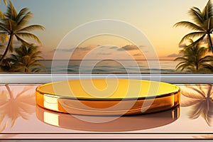 3d yellow podium with copy space for product display presentation on palm beach and blue sky background. Tropical summer and