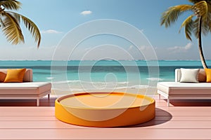 3d yellow podium with copy space for product display presentation on palm beach and blue sky background. Tropical summer and