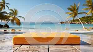 3d yellow podium with copy space for product display presentation on palm beach and blue sky background. Tropical summer and