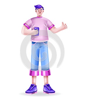 3D young man holding smartphone, happy vector cartoon character illustration, thumbs up funny geek.