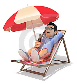 3D Young man in shorts in the beach drinking beer