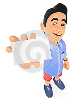 3D Young man in shorts with a blank card