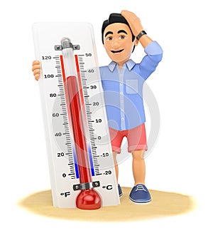 3D Young man in shorts with hot thermometer on the beach