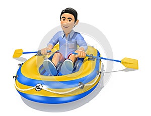 3D Young man in shorts paddling a inflatable boat