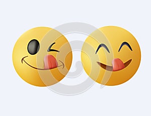 3D Yummy smile emoji with tongue lick mouth. Delicious tasty food symbol for social network 3D symbol UI. Yummy hungry