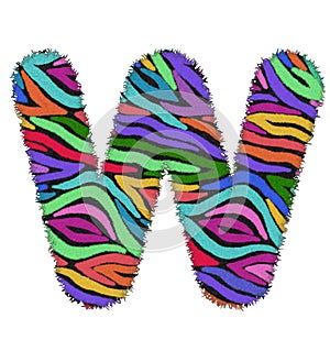 3D Zebra RAINBOW print letter W, animal skin fur creative decorative character W, with colorful isolated in white background. has