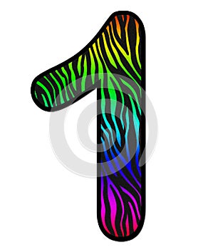3D Zebra RAINBOW print Number 1, animal skin fur creative decorative character, with colorful isolated in white background.