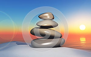 3D zen landscape with a stack of pebbles in sand against a sunset sky