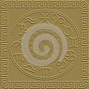 3d zodiac signs mandala pattern with frame. Gold ornamental embossed zodiacal signs background. Textured vector backdrop. Zodiac