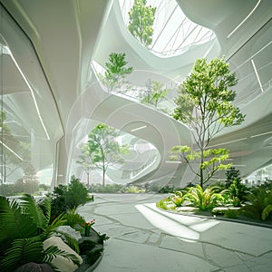 3Dprinted urban greening, modern architecture with foliage, wide angle, bright indoor light , professional color grading