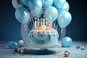 3Drender, blue cake, candles, balloons, festive birthday celebration