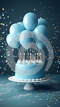 3Drender, blue cake, candles, balloons, festive birthday celebration