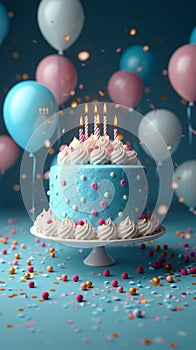 3Drender, blue cake, candles, balloons, festive birthday celebration