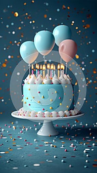 3Drender, blue cake, candles, balloons, festive birthday celebration