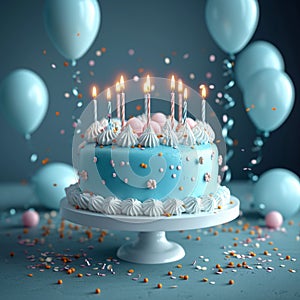 3Drender, blue cake, candles, balloons, festive birthday celebration