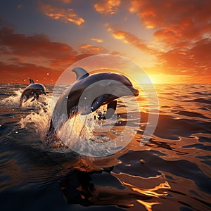 3Drender dolphins leaping gracefully in the sea at sunset