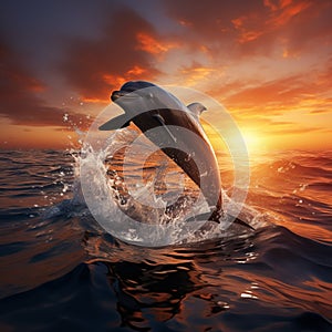 3Drender dolphins leaping gracefully in the sea at sunset