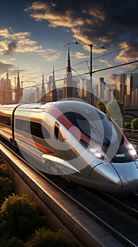 3Drender High speed train on the road to the city