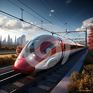 3Drender High speed train on the road to the city