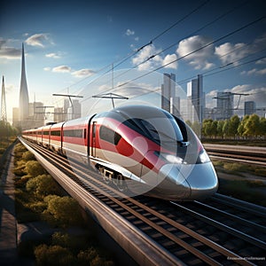 3Drender High speed train on the road to the city