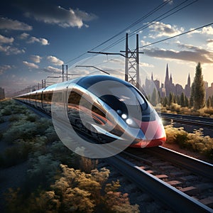 3Drender High speed train on the road to the city