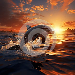 3Drender illustration dolphins jumping in the sea at sunset