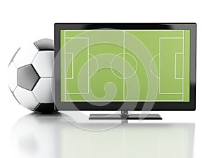 3dTv screen with soccer field and ball.