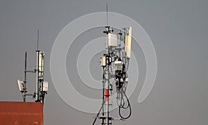 3G, 4G and 5G cellular antennas. Base Transceiver Station. Telecommunication tower. Wireless Communication Antenna Transmitters