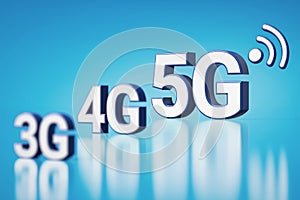 3G, 4G and 5G white letters in blurry closeup. 5G is the most recent and the fastest. Cyan background with copyspace available. 3D