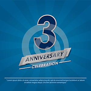3rd years anniversary celebration emblem. anniversary elegance silver logo isolated with ribbon on blue background, vector