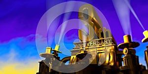 3th anniversary in thick letters on a golden building illuminated by 6 floodlights with white light on a blue sky at sunset. 3D