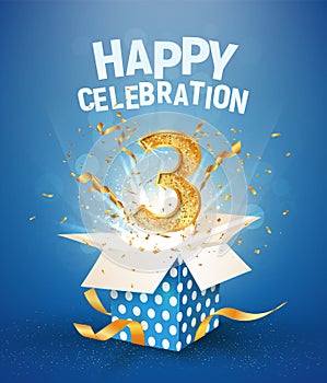 3th years anniversary and open gift box with explosions confetti. Template three birthday celebration on blue background vector