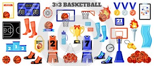 3x3 Basketball sport equipment set. Ball, scoreboard, net, uniform, sneakers, medals, cup, etc. Summer Olympics games