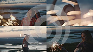 4 in 1: Attractive young women posing on the hill with the sparklers